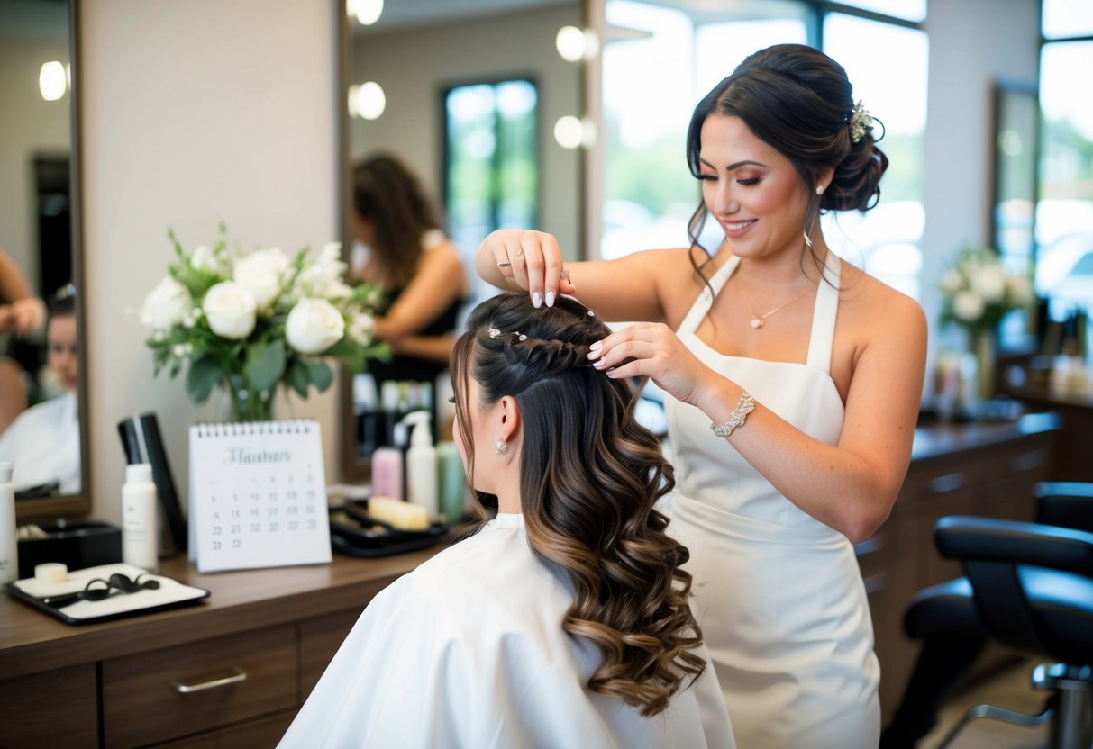 A hairstylist preparing bridal hair in a salon, with wedding accessories and a calendar showing the date of the wedding