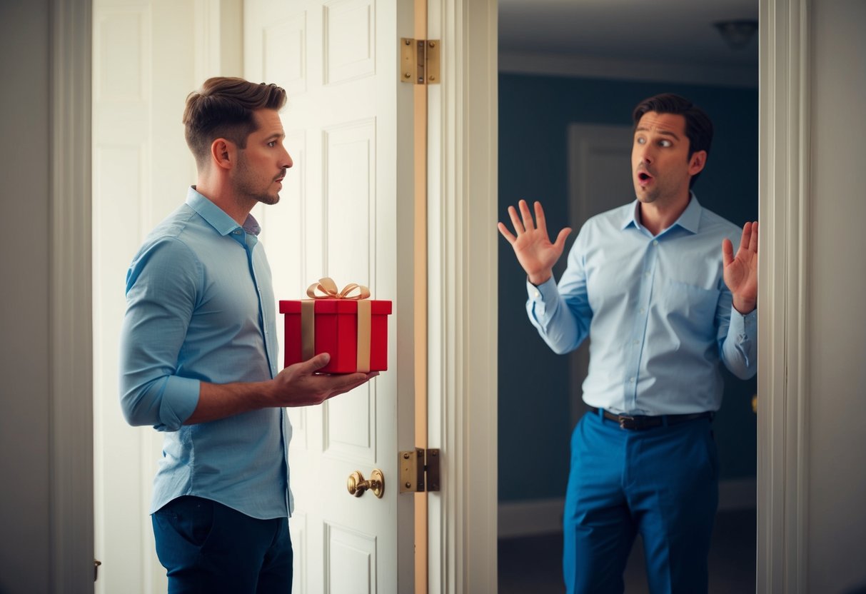 A person standing at a closed door, holding a gift and looking uncertain while the host looks surprised and uncomfortable