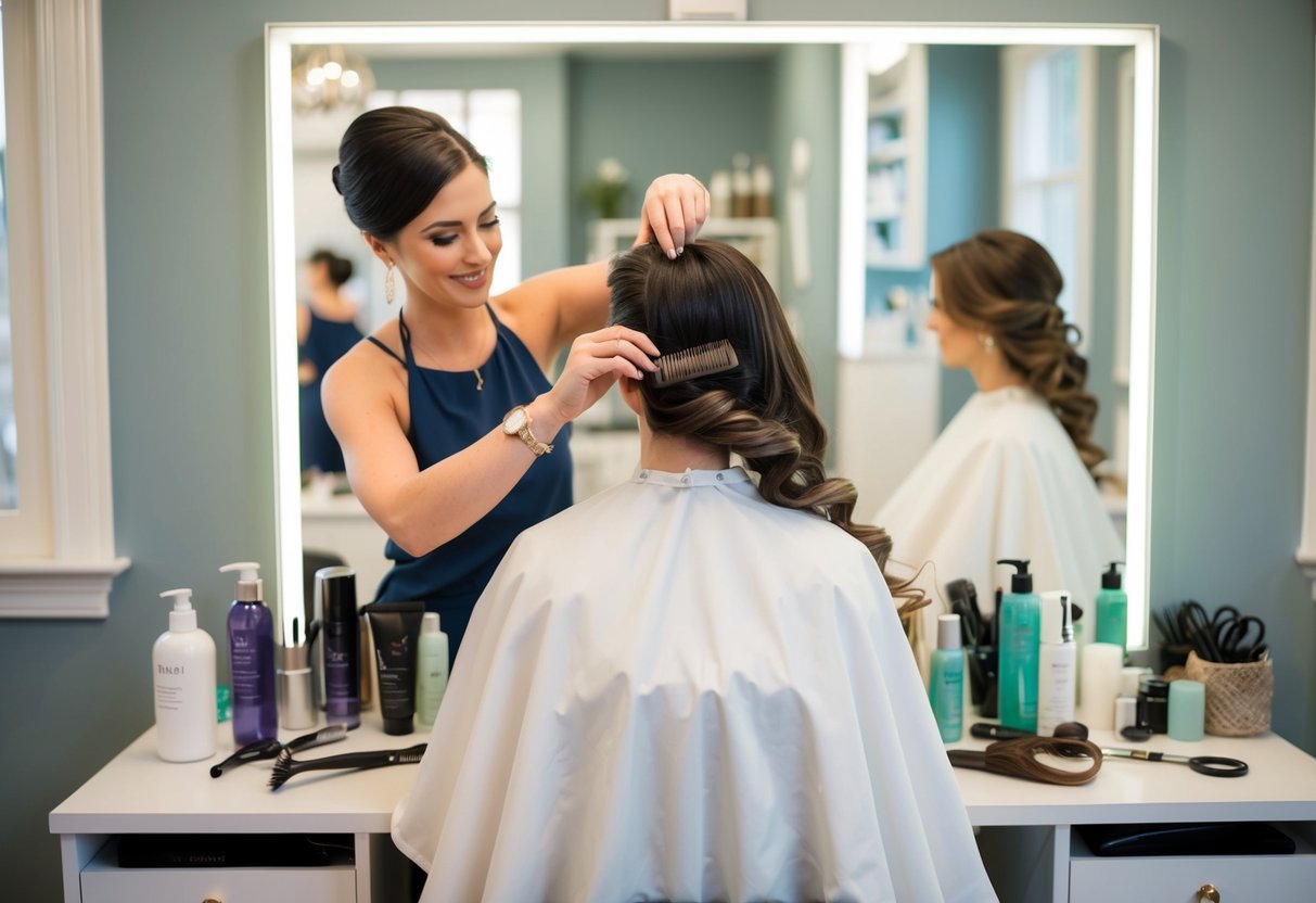 A hairstylist carefully styles a bride's hair in a serene, well-lit salon setting, with various tools and products neatly organized around the station