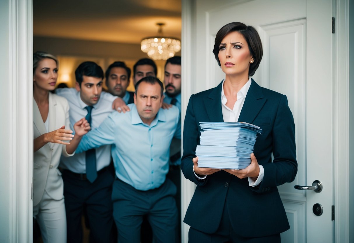 A person standing at a door, holding a stack of invitations while a group of uninvited guests tries to enter. The person looks uncertain and conflicted