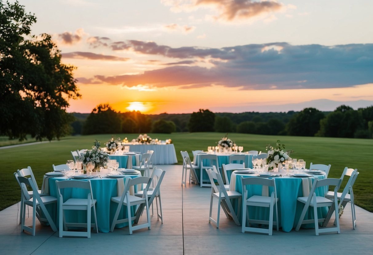 A serene outdoor wedding venue at sunset, with empty chairs and tables set for a reception