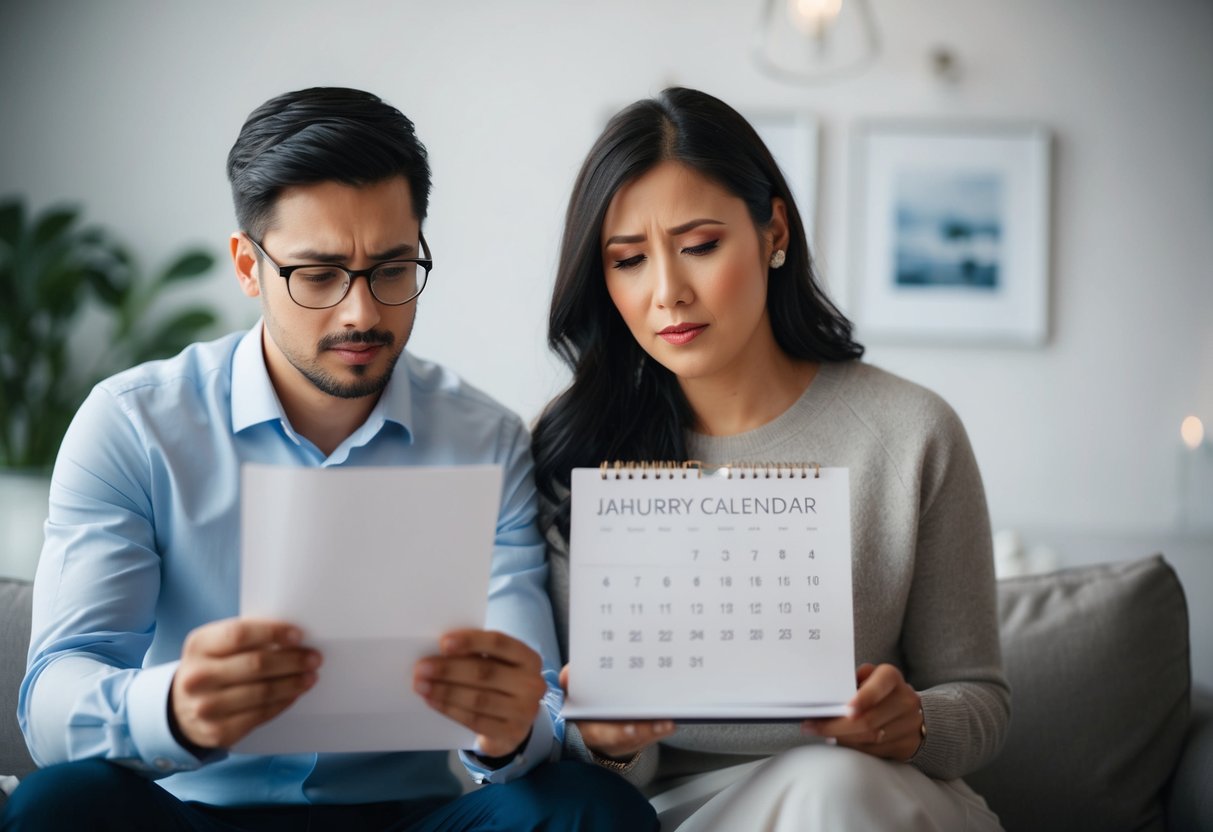 A couple holding wedding invitations, looking at a calendar with a concerned expression