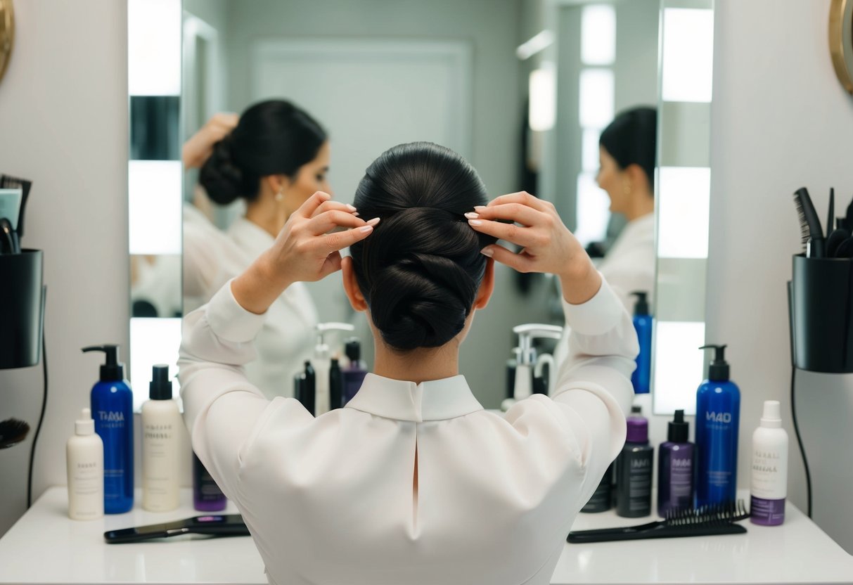 A hairstylist's hands carefully arranging hair into an elegant updo, surrounded by bottles of hair products and styling tools on a clean, well-lit vanity