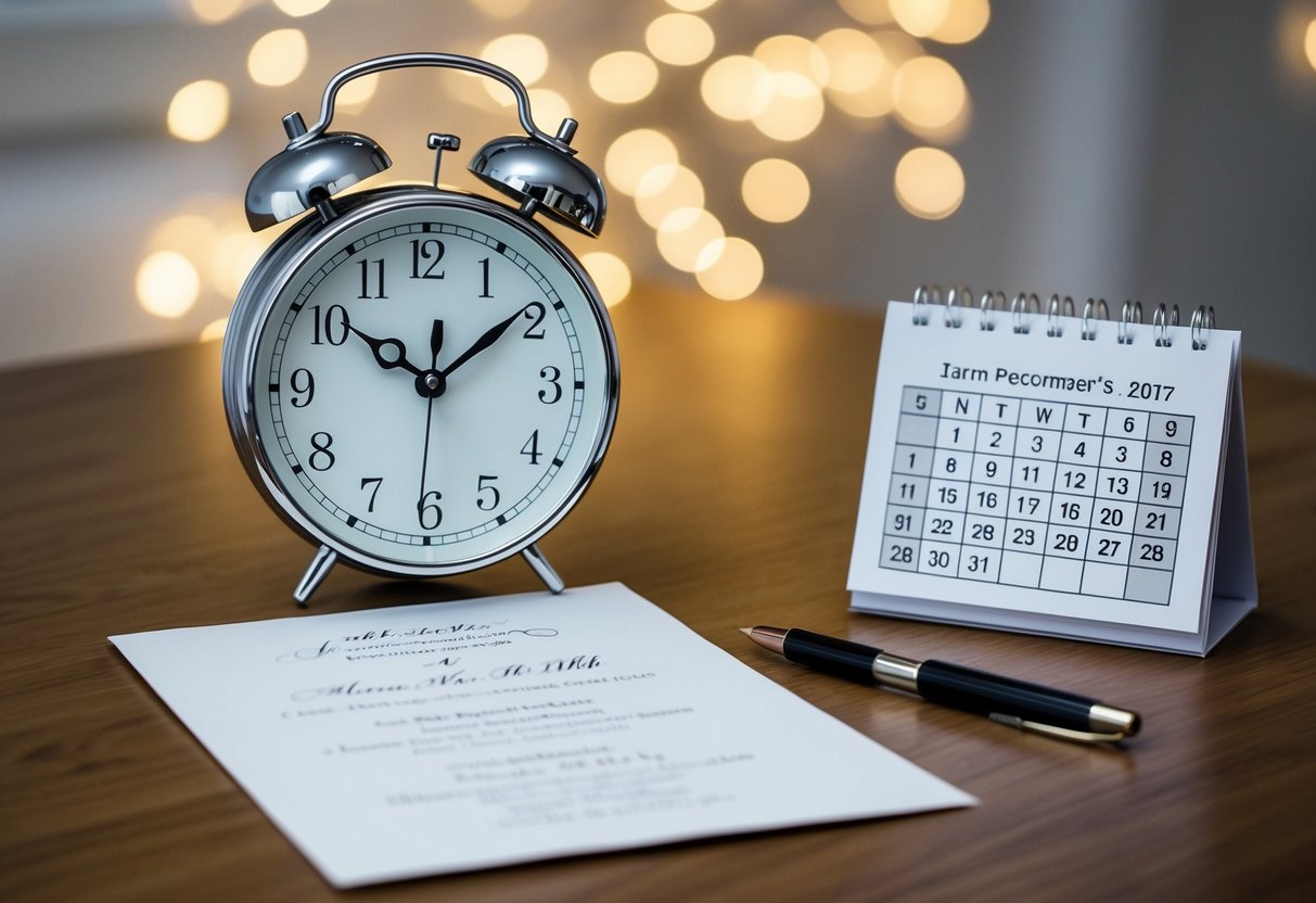 A clock with hands approaching midnight, a wedding invitation lying on a table, and a calendar with the date of the wedding circled