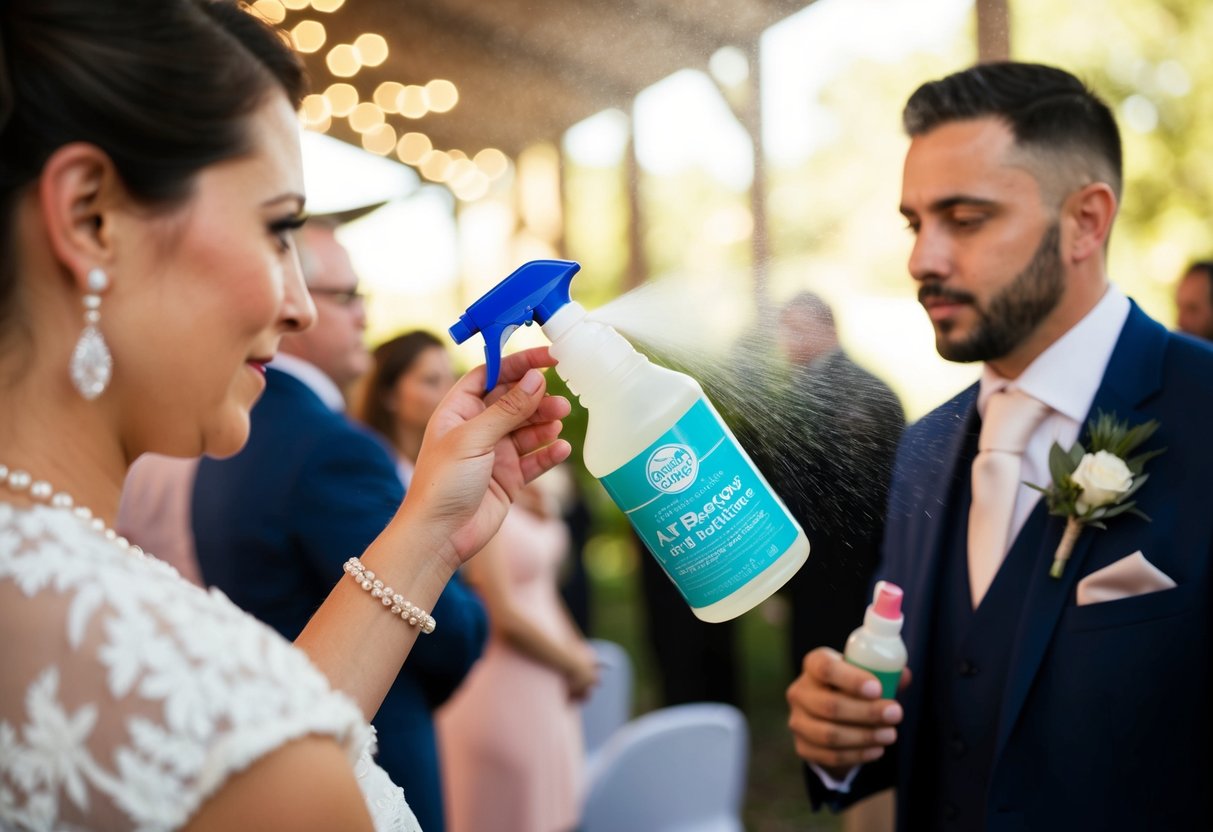 A wedding guest spraying air freshener to mask the smell of toxic behavior