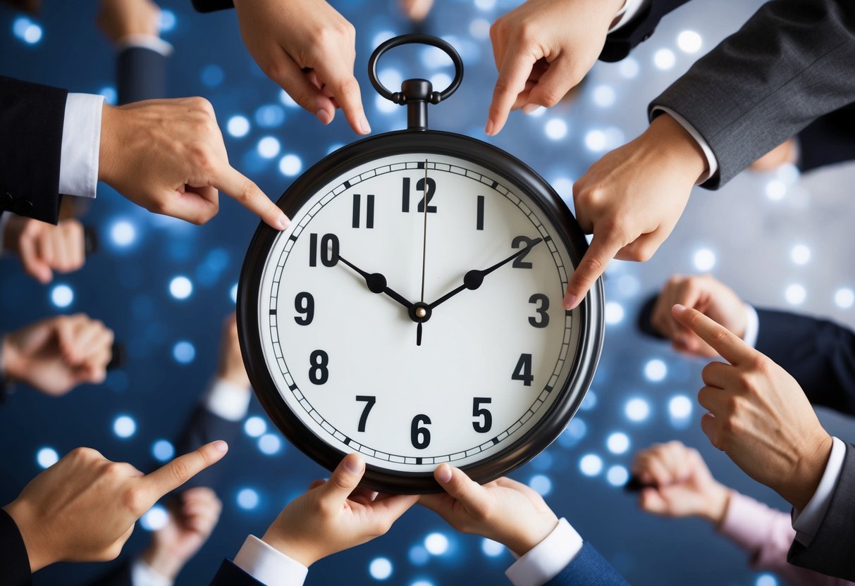 A clock with hands pointing to different times, surrounded by puzzled faces