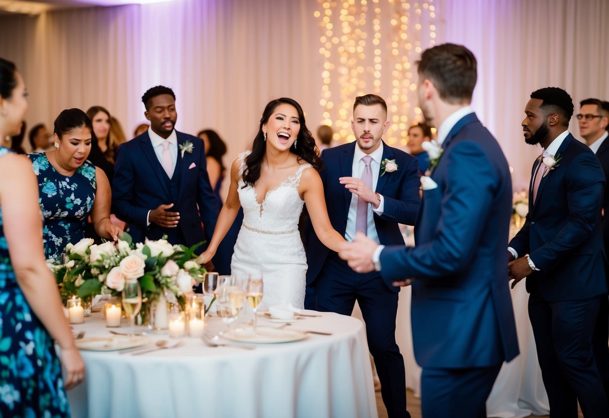 A wedding reception with a mix of joyful guests and one disruptive individual causing tension. Staff members are seen discreetly handling the situation