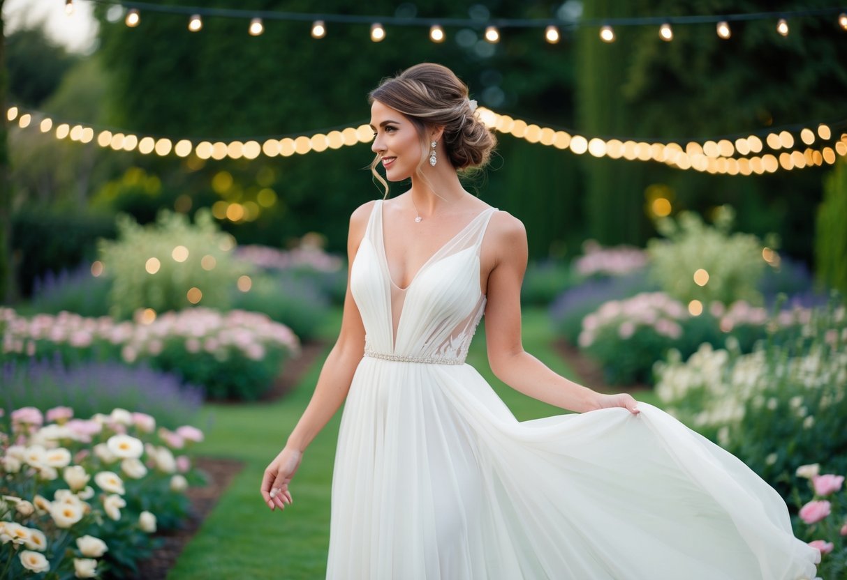 A woman in a flowing dress stands in a garden, surrounded by flowers and twinkling lights, with her hair elegantly styled up for a wedding