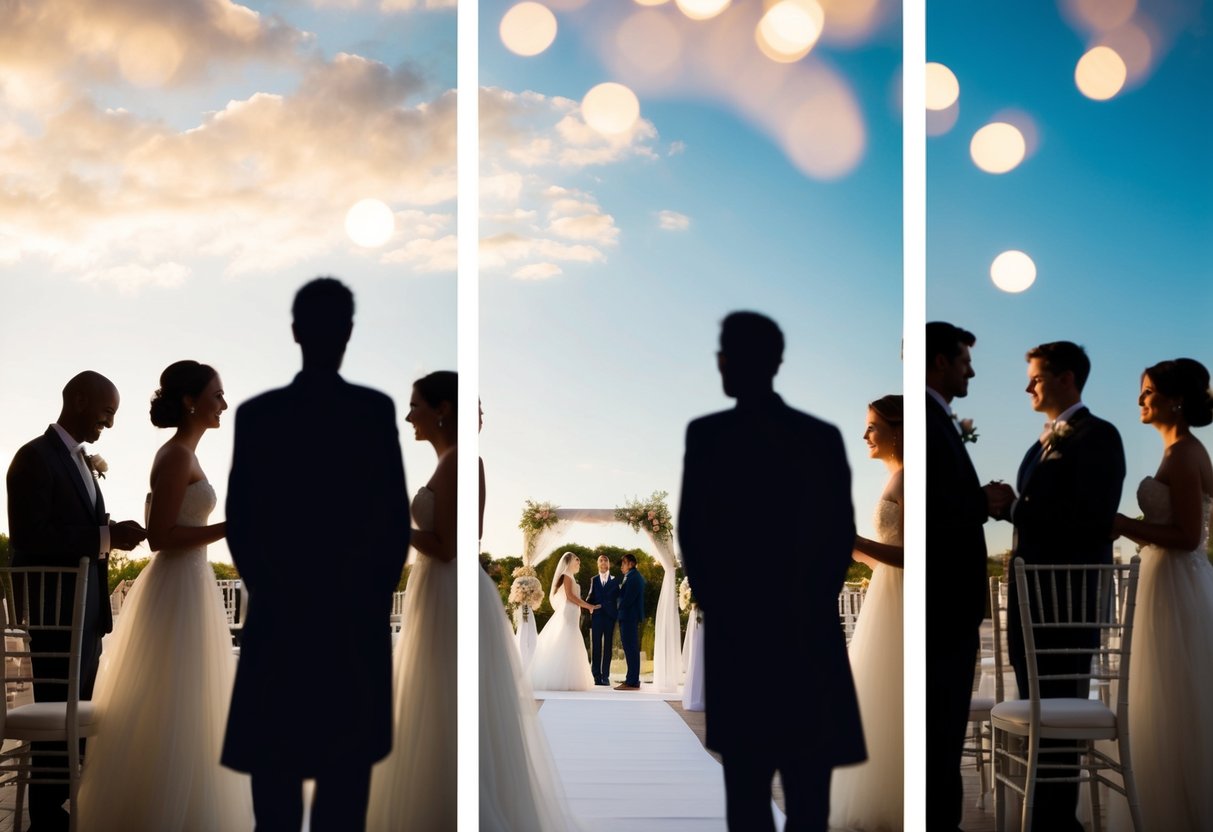 A serene wedding setting with a clear boundary separating the toxic guests from the rest of the celebration. The toxic guests are depicted as dark, shadowy figures while the rest of the scene is filled with light and warmth