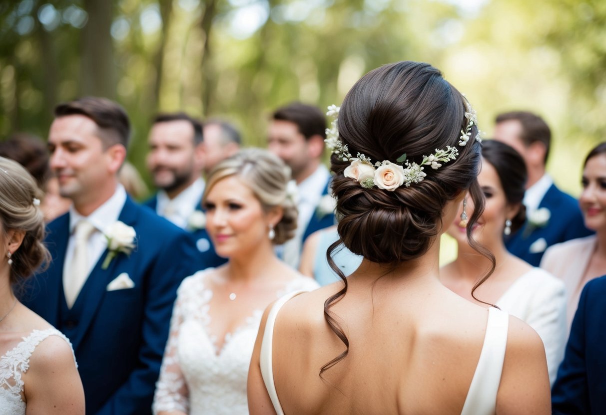 A woman with an elegant updo stands among a group of wedding guests, her hair adorned with delicate flowers and tendrils cascading down