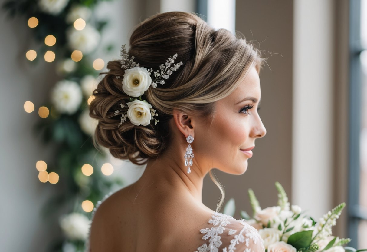 A woman with an elegant updo adorned with delicate flowers and sparkling hairpins, ready for a wedding celebration