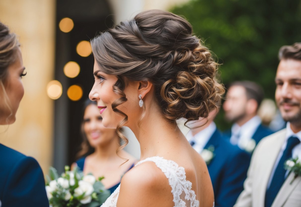 A woman with curly hair wears an elegant updo as a wedding guest