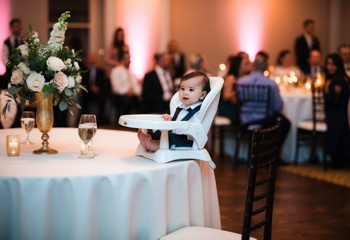 A wedding reception with a baby's high chair at a table