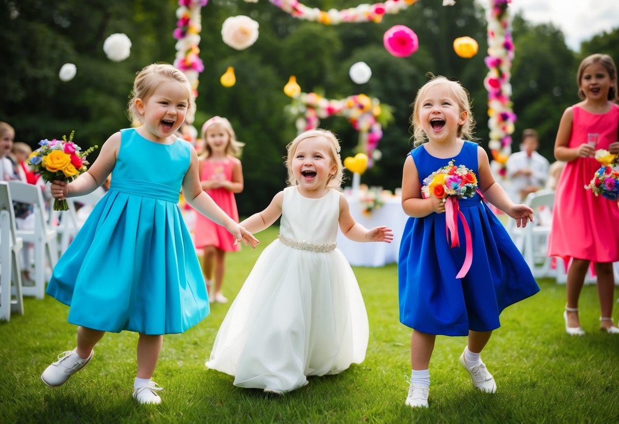 A joyful wedding scene with children playing and laughing, surrounded by colorful decorations and flowers