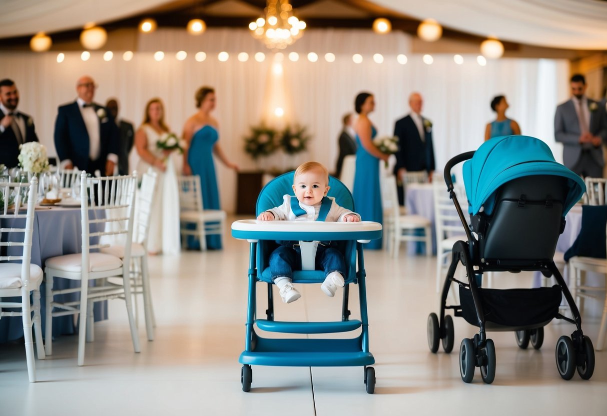 A wedding venue with a mix of adult and baby items, such as high chairs and strollers, indicating the presence of young guests