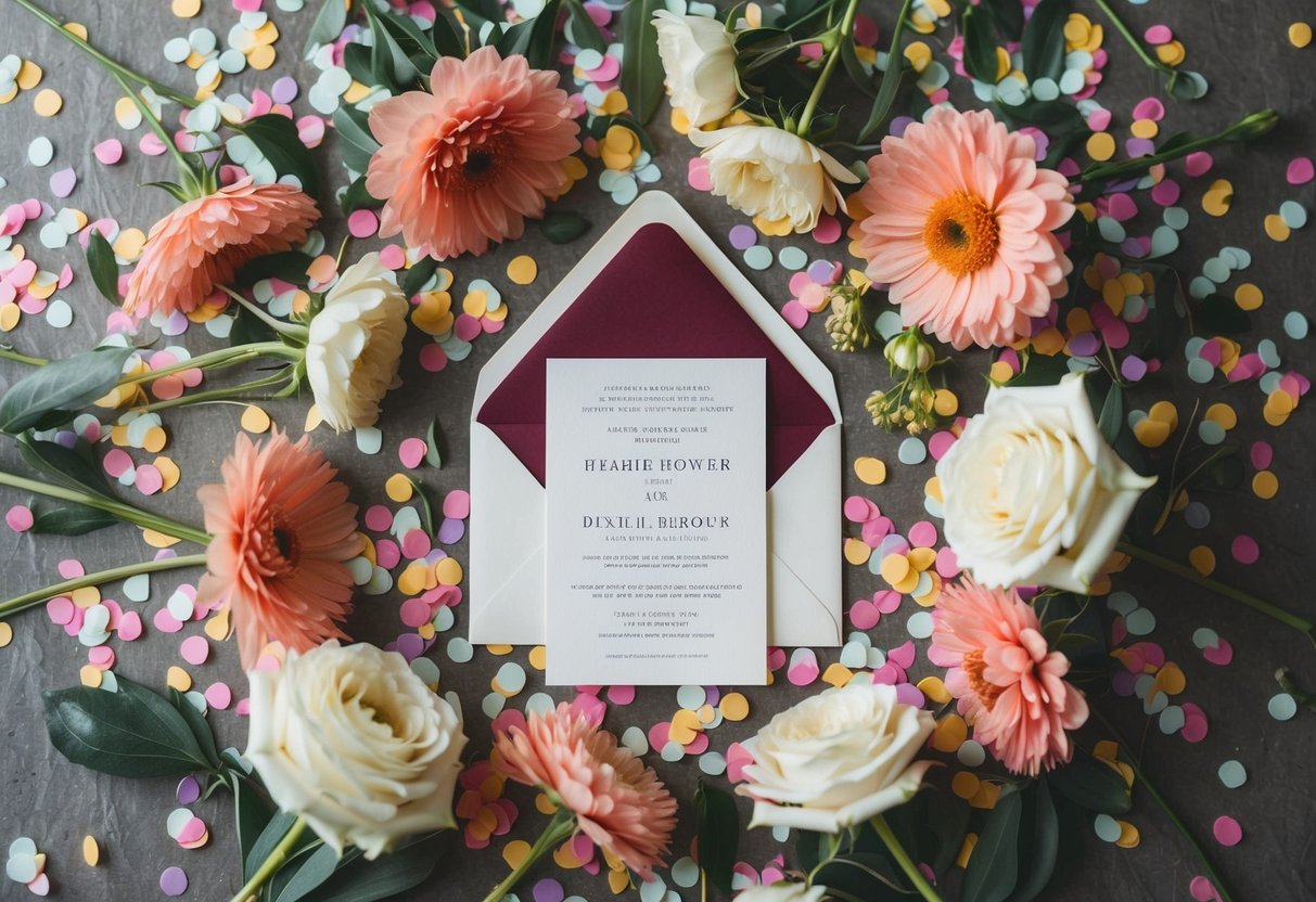 A wedding invitation surrounded by flowers and confetti