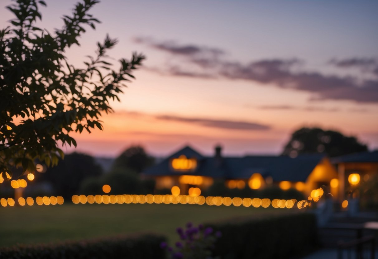 Golden hour at dusk, with soft, warm light casting a romantic glow over a picturesque outdoor setting