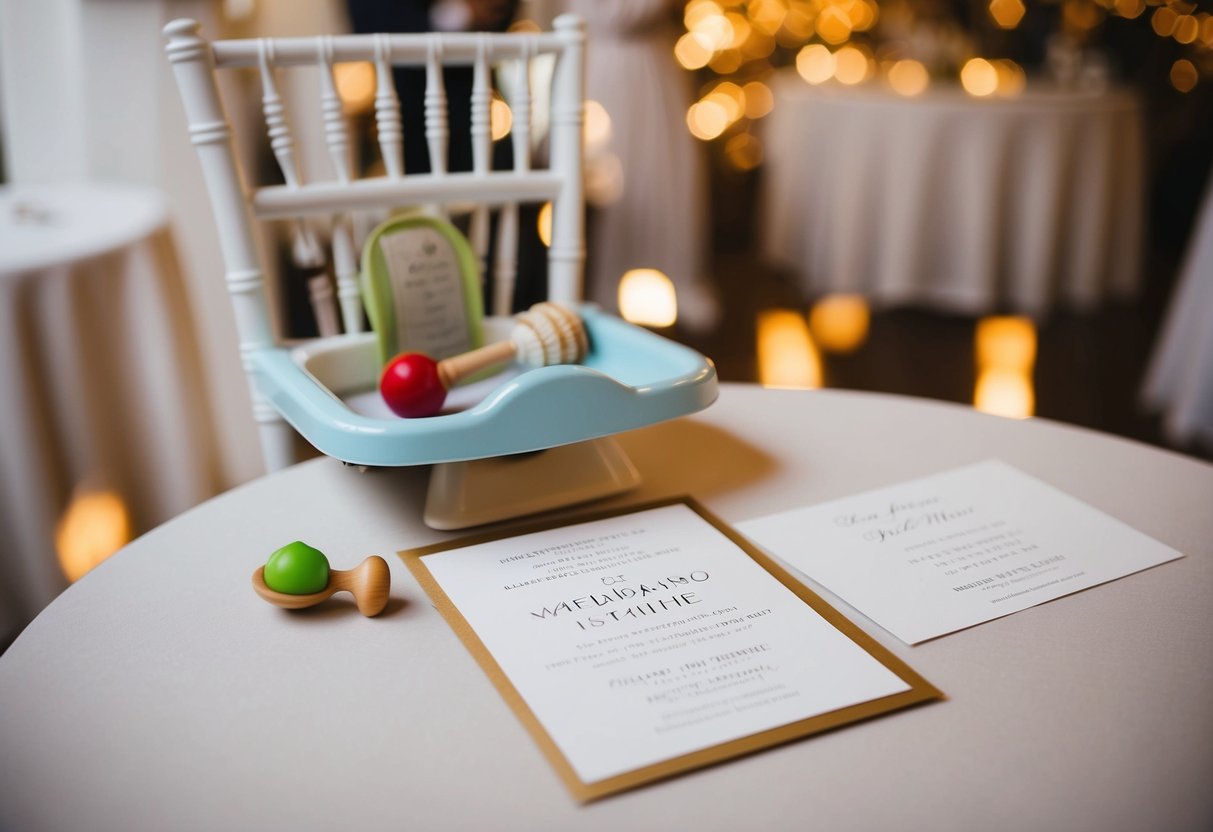 A wedding invitation with a baby's rattle and a high chair at the reception table