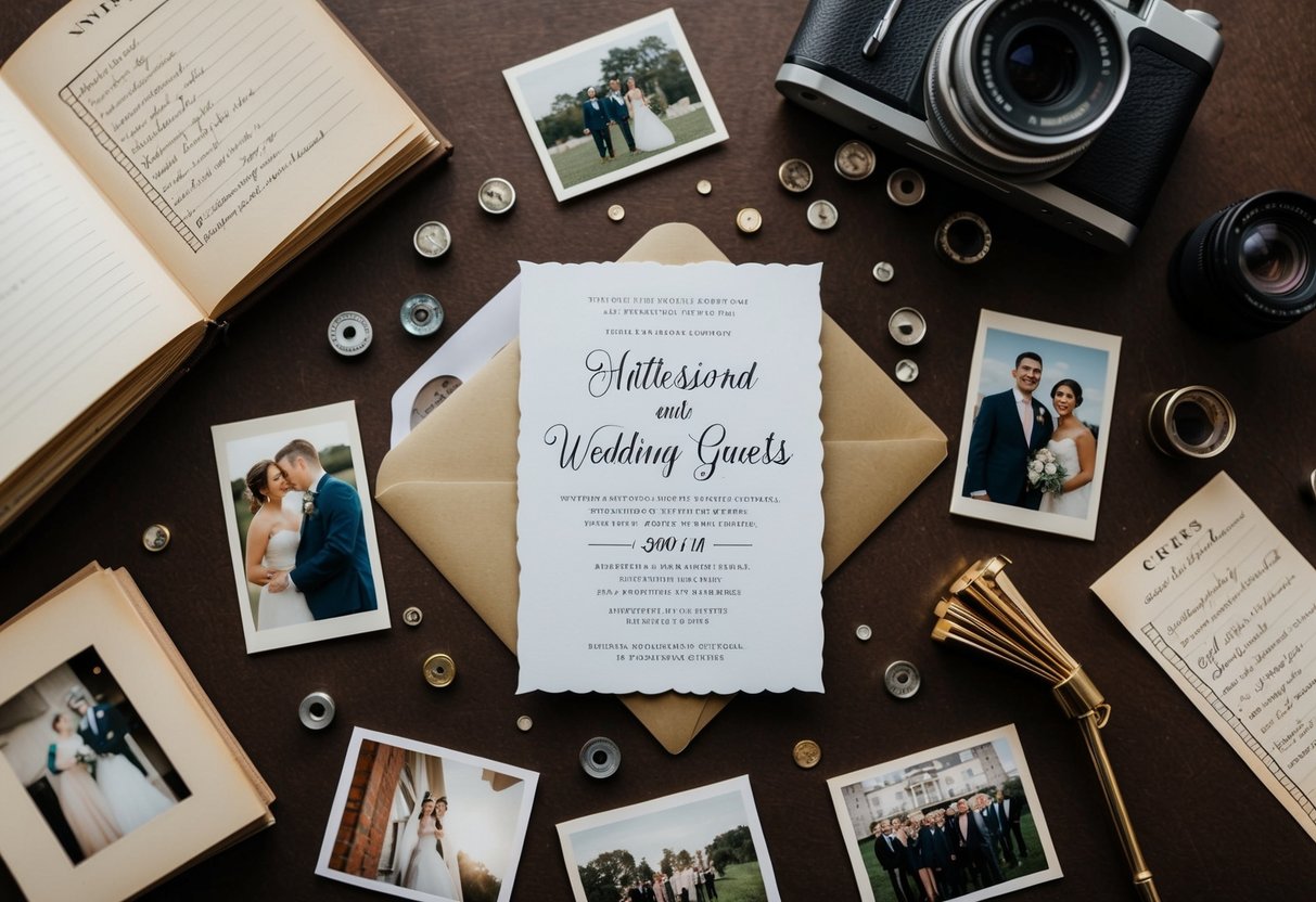 A wedding invitation surrounded by old photographs and a list of potential guests
