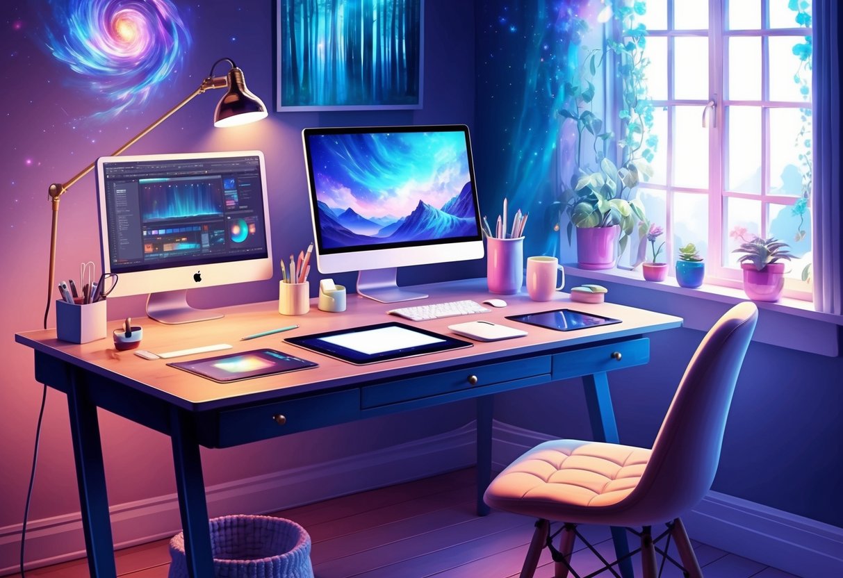 A digital artist's desk with a computer, tablet, stylus, and various art supplies. A window lets in natural light, and a cozy chair is pulled up to the desk