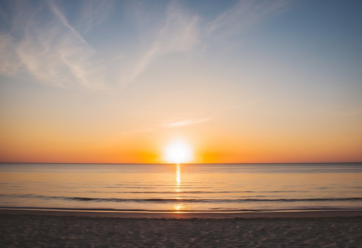 A serene sunset on a beach, with warm golden light casting a soft glow over the tranquil waters, creating a perfect backdrop for a wedding ceremony