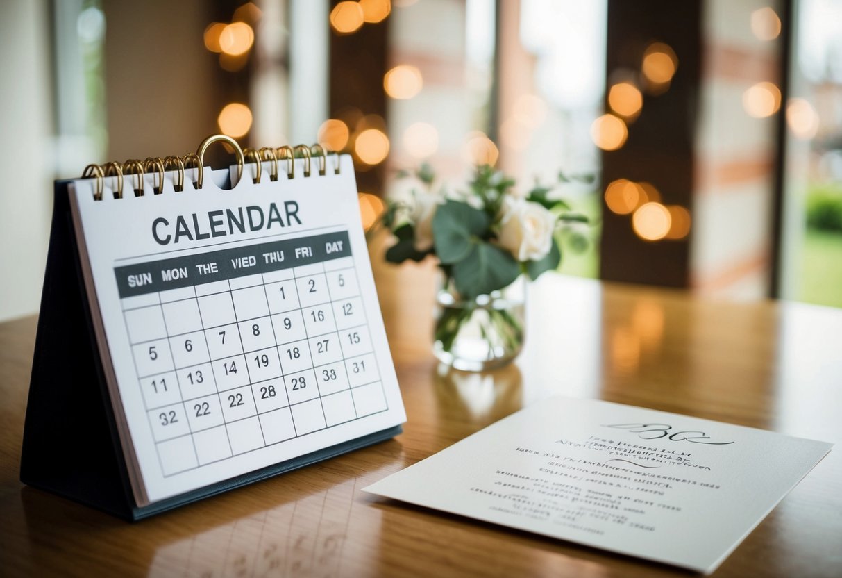 A calendar with the date circled and a wedding invitation on a table