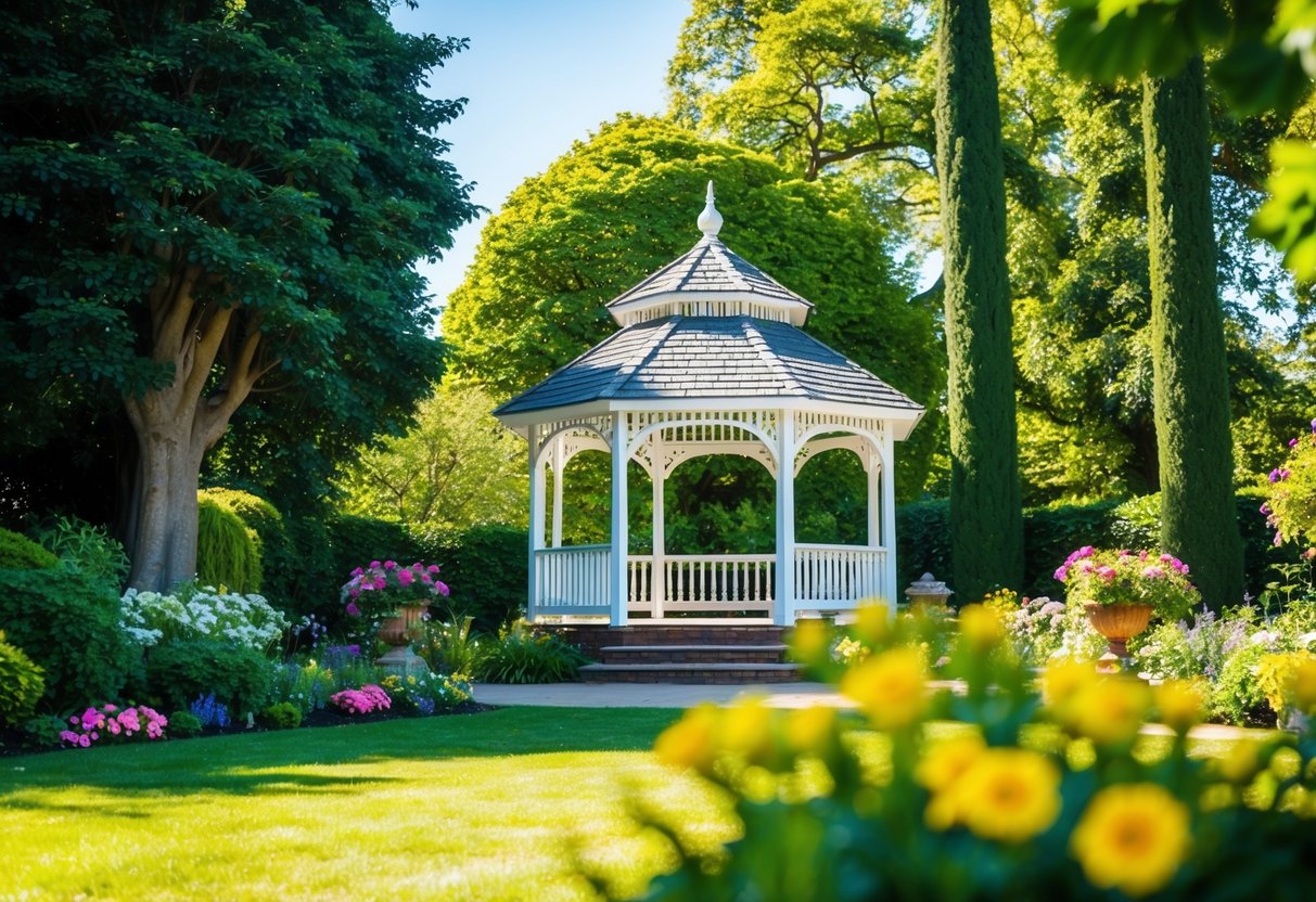 A bright, sunny afternoon in a lush garden setting with a gazebo adorned with flowers and surrounded by towering trees