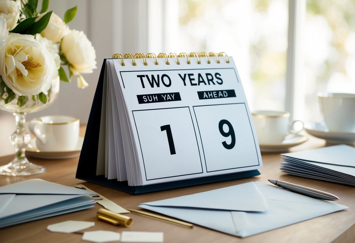 A calendar with the date two years ahead circled, surrounded by elegant stationery and envelopes, with a sense of anticipation and excitement