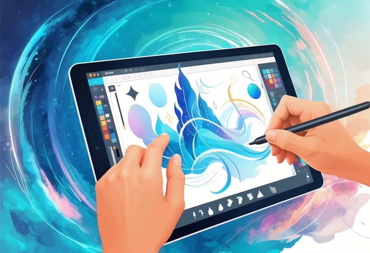 An artist's hand using a digital tablet to sketch basic shapes and lines, with various tools and brushes visible on the screen