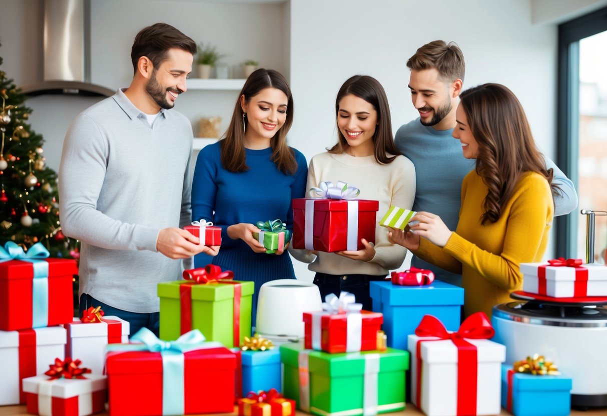 A table with various household items and appliances, surrounded by happy couples discussing and choosing gifts