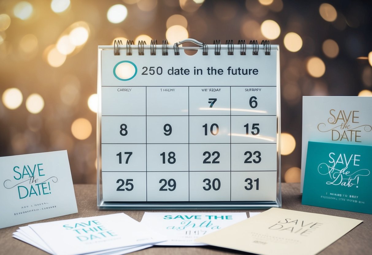 A calendar with the date two years in the future circled, surrounded by various save the date cards and stationary