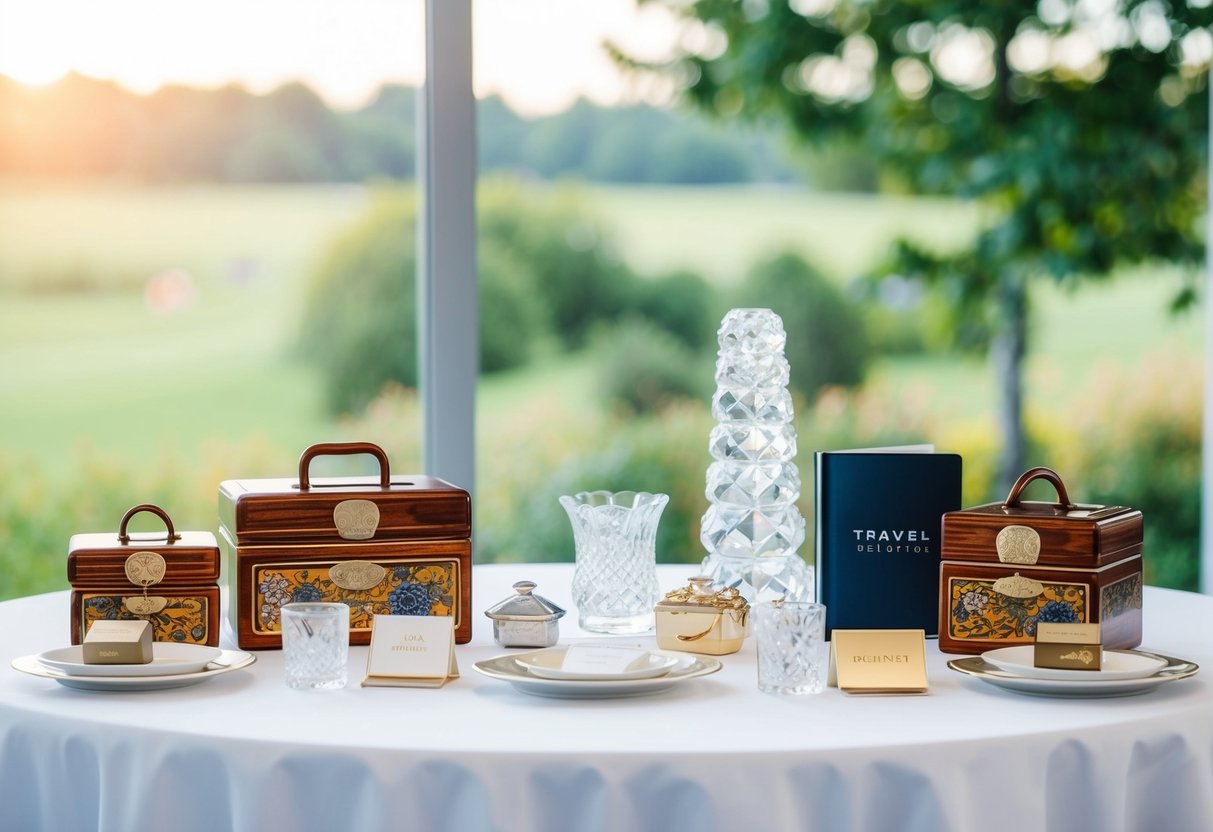 A table with traditional wedding gifts (china, crystal) alongside modern items (electronics, travel vouchers) reflects the evolution of wedding registries