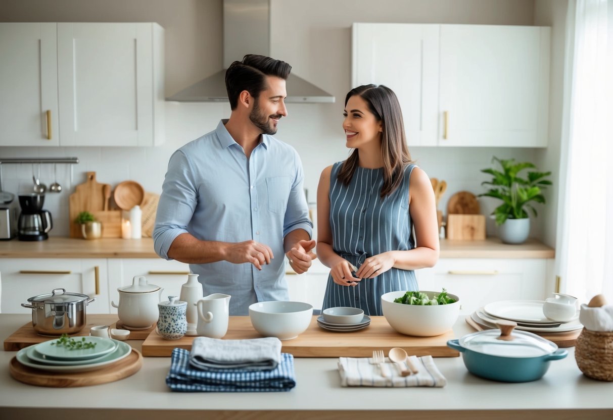A table with various household items like kitchenware, linens, and decorative pieces displayed neatly. A couple discussing and selecting items with a sense of thoughtfulness and excitement
