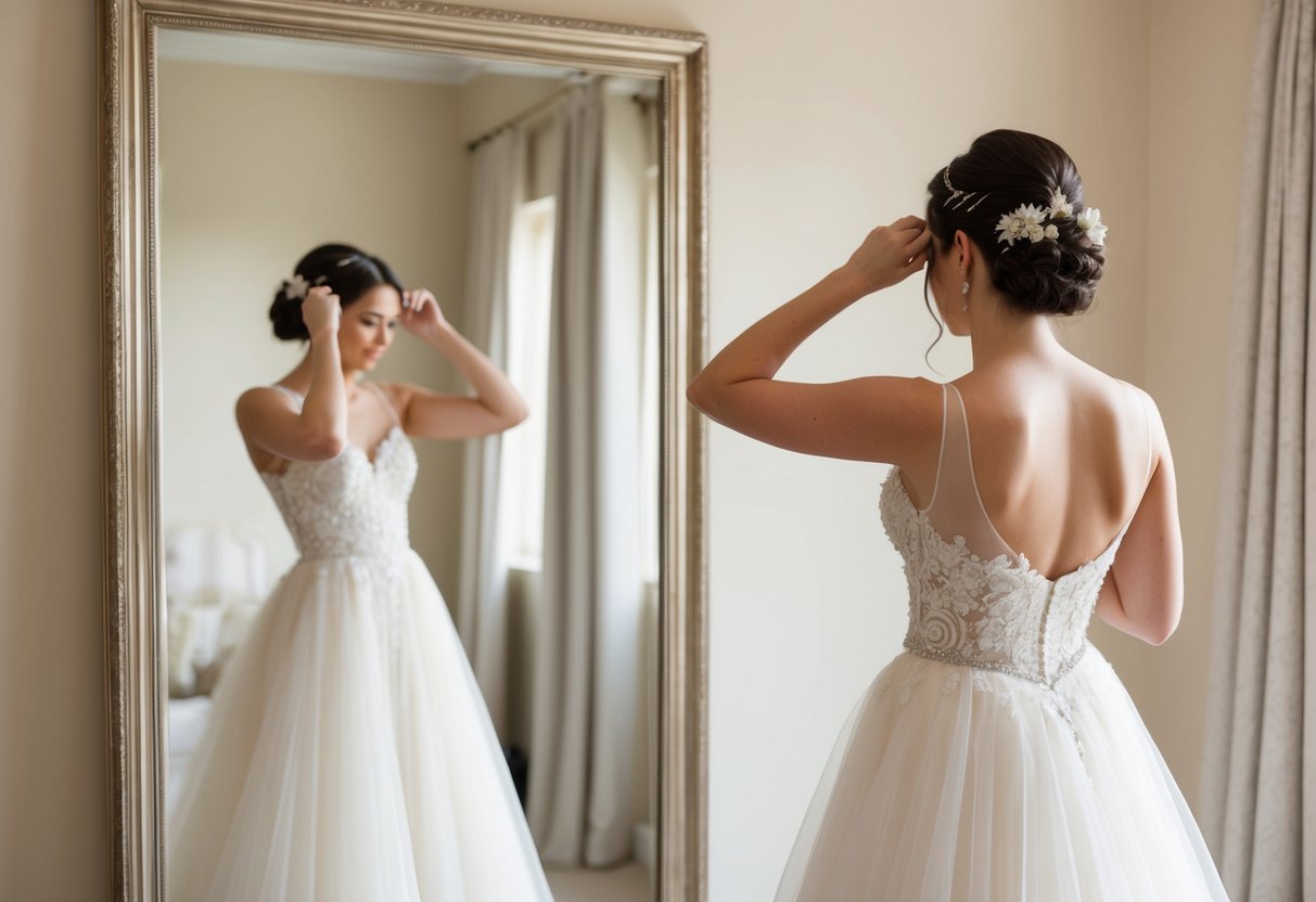 A bride in a flowing gown stands before a mirror, carefully pinning her hair up with delicate flowers and sparkling hairpins