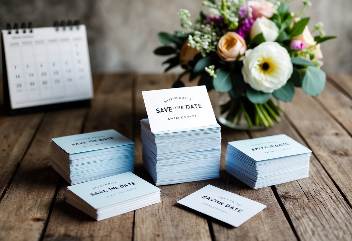 A stack of Save-the-Date cards arranged on a rustic wooden table, with a bouquet of flowers and a calendar in the background