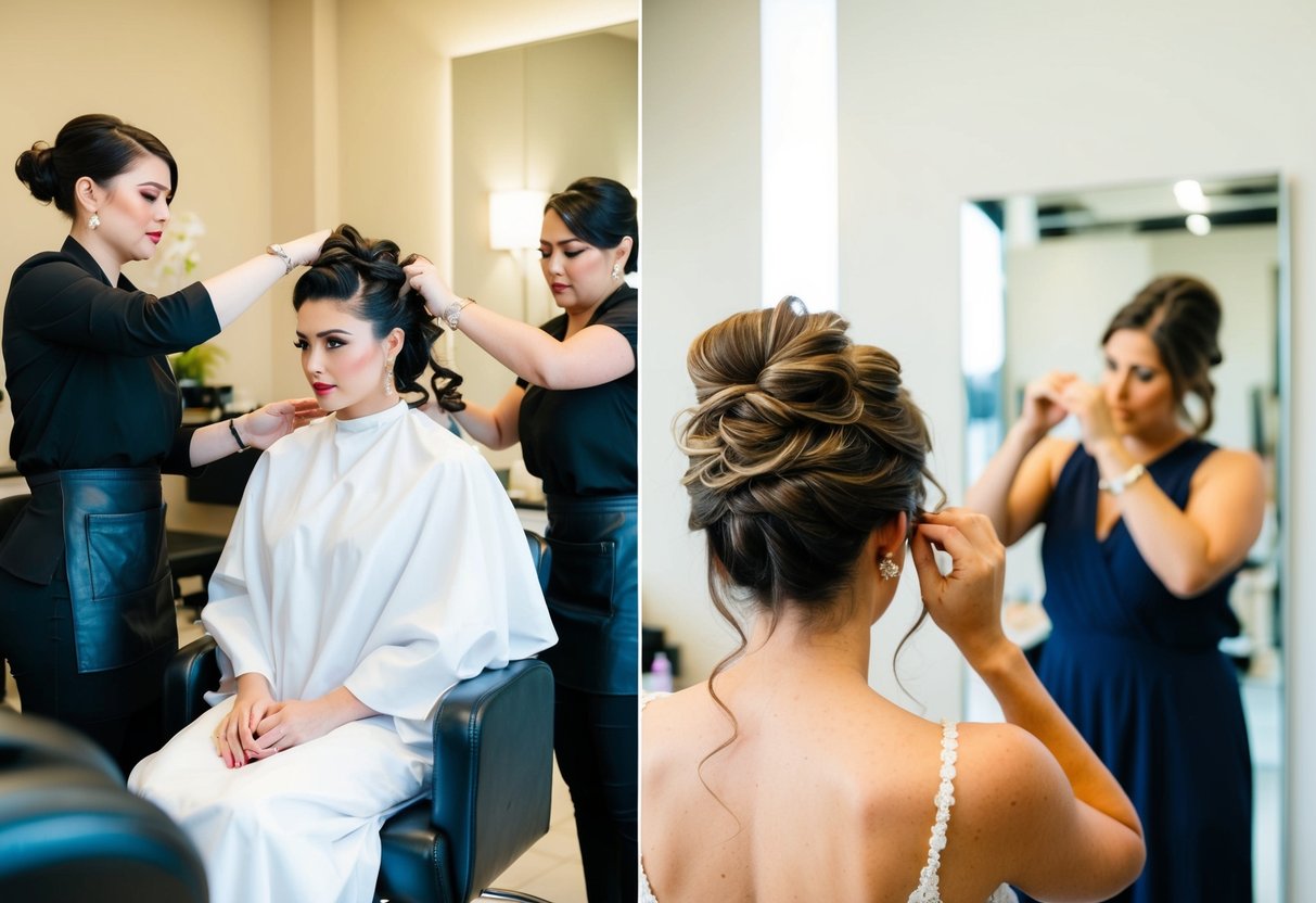 A bride sits in a salon chair, surrounded by stylists creating an intricate updo. In contrast, another bride stands in front of a mirror, struggling to pin her own hair into a messy bun