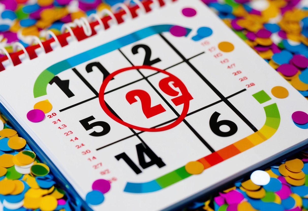 A calendar with the date of the event circled in red, surrounded by colorful confetti and a festive border