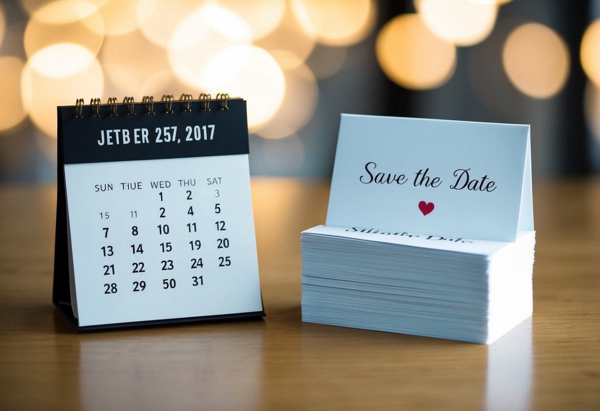 A calendar with the current date and a stack of unmailed save the date cards