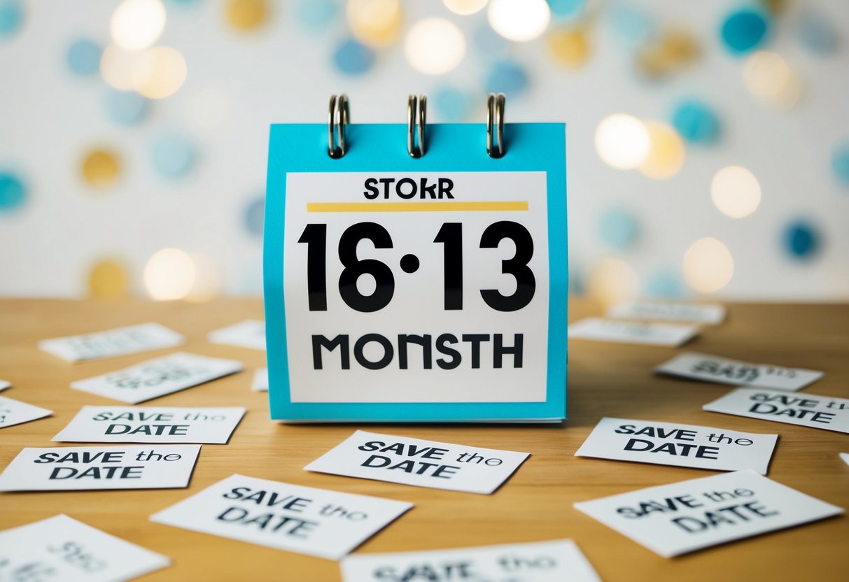 A calendar with a date circled eight months in the past, surrounded by scattered save the date cards