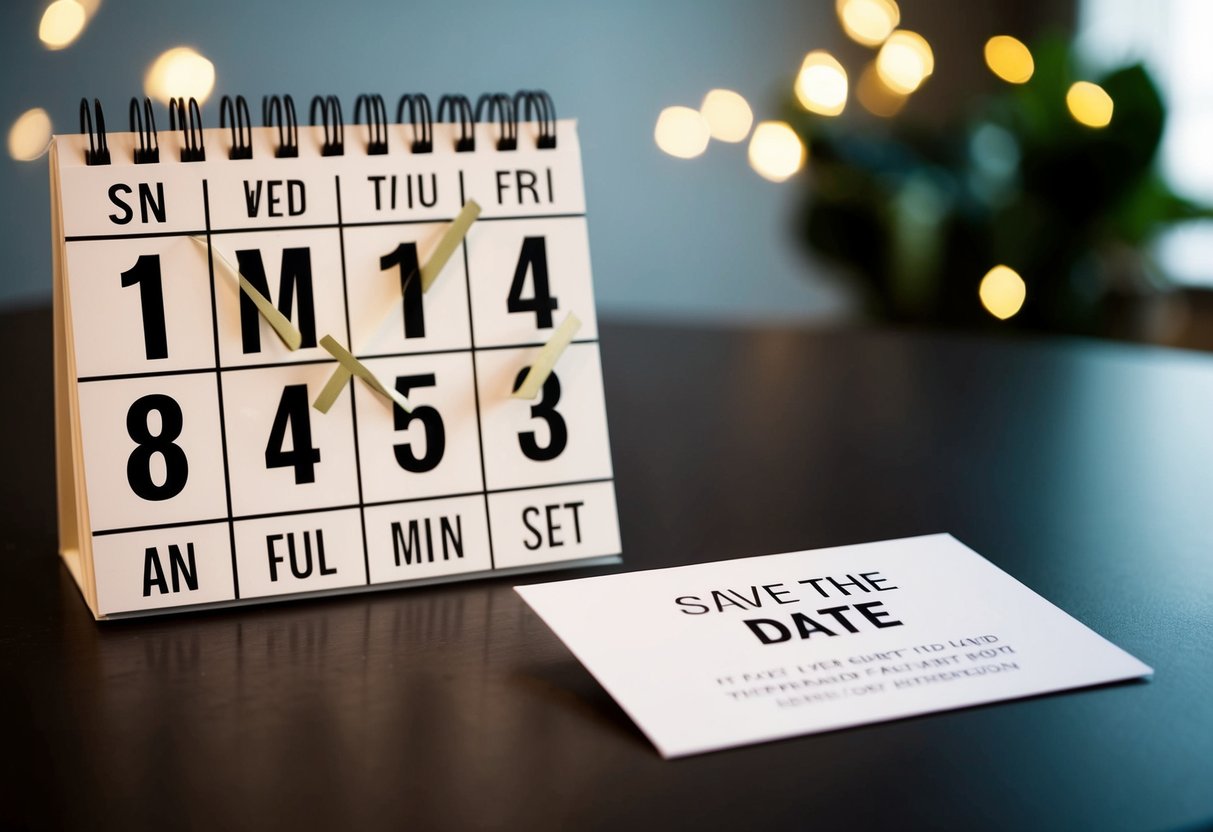 A calendar with the date 8 months prior to the current date crossed out, while a save the date card sits untouched on a table