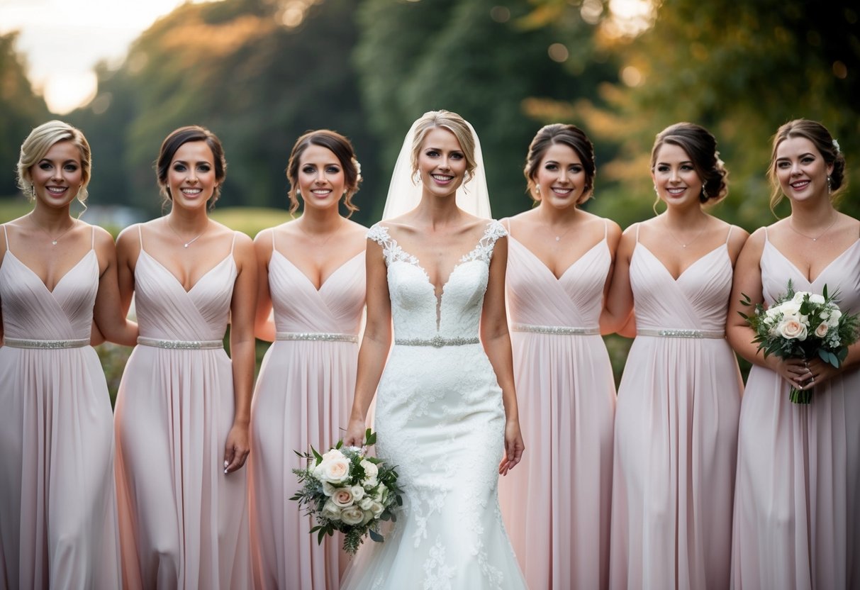 A bride and her bridesmaids stand in a row, all wearing dresses with matching neckline styles