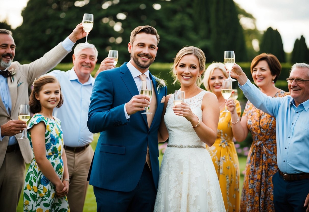 A couple stands in a garden surrounded by close family and friends, smiling and raising their glasses in celebration