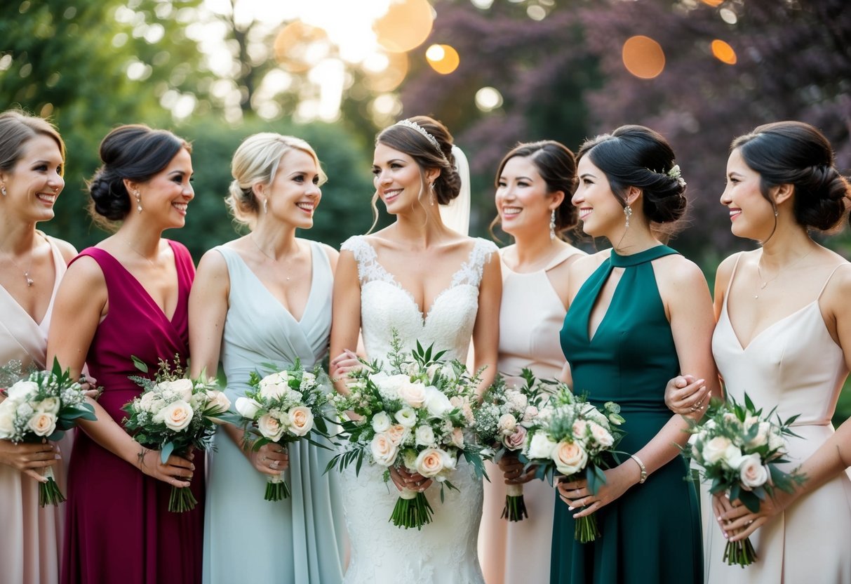 Bridesmaids in varied necklines and dress styles, coordinating with the overall wedding aesthetic