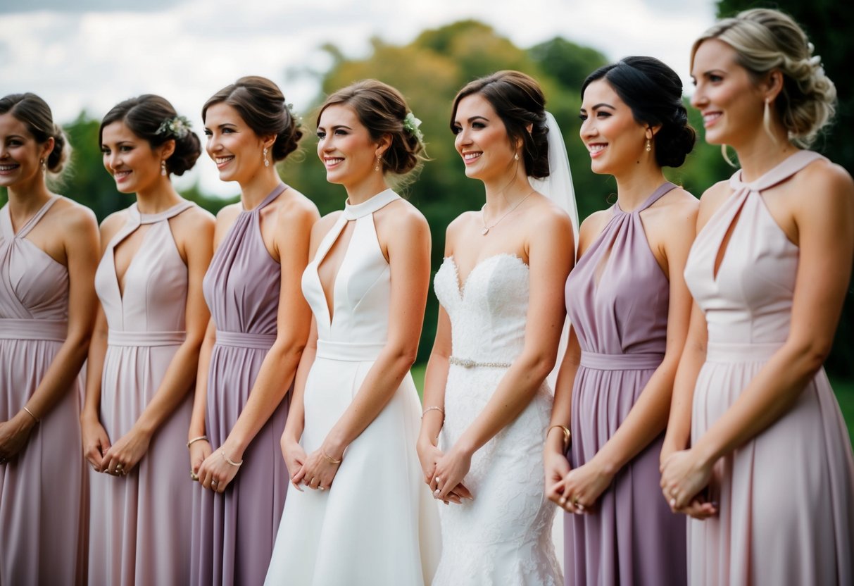 A bride and her bridesmaids stand in a row, each wearing a unique dress with a neckline that reflects their individual style and comfort