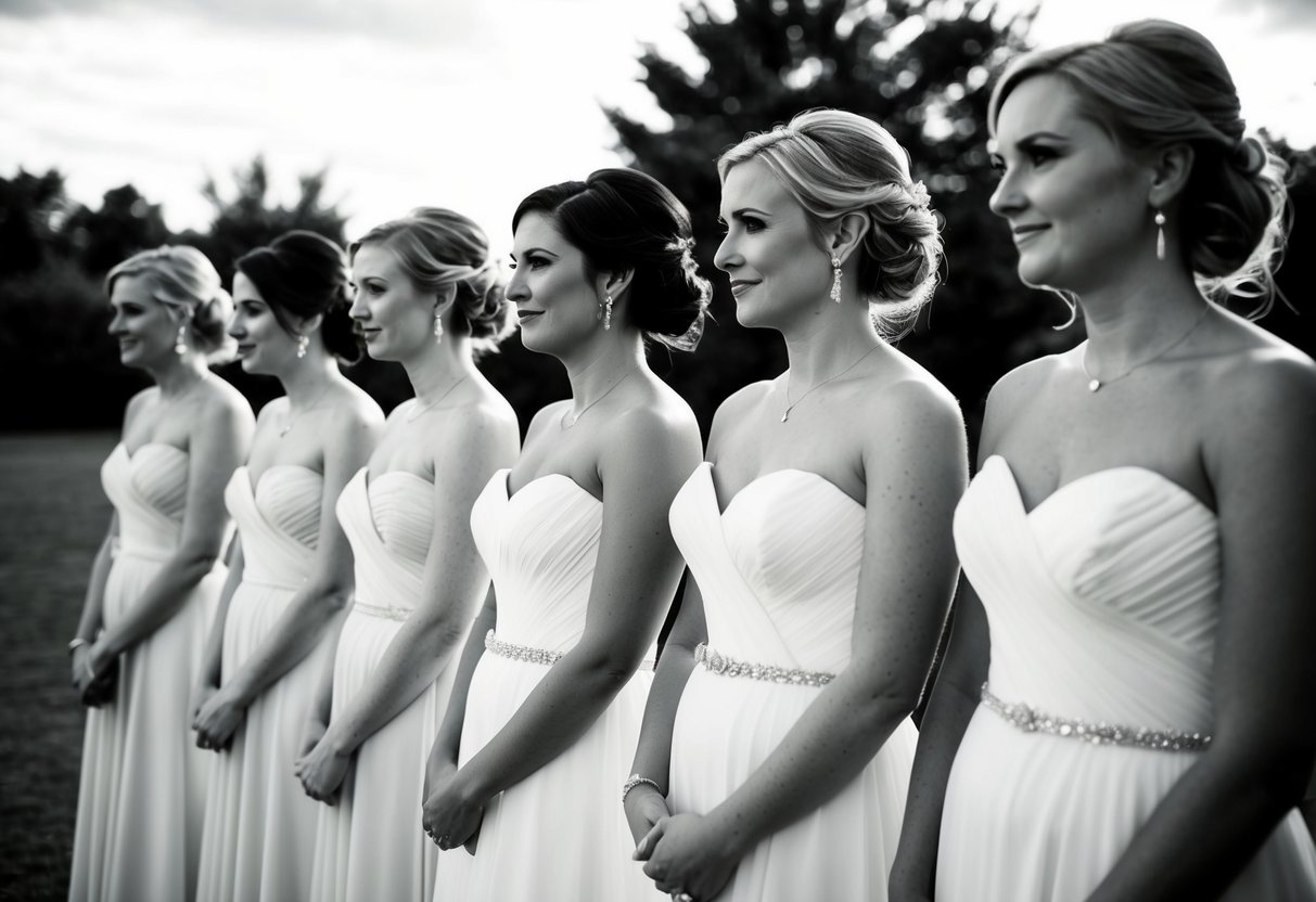 Bride and bridesmaids stand in a row, comparing necklines of their dresses. Bride's gown has a sweetheart neckline, while bridesmaids wear varying necklines