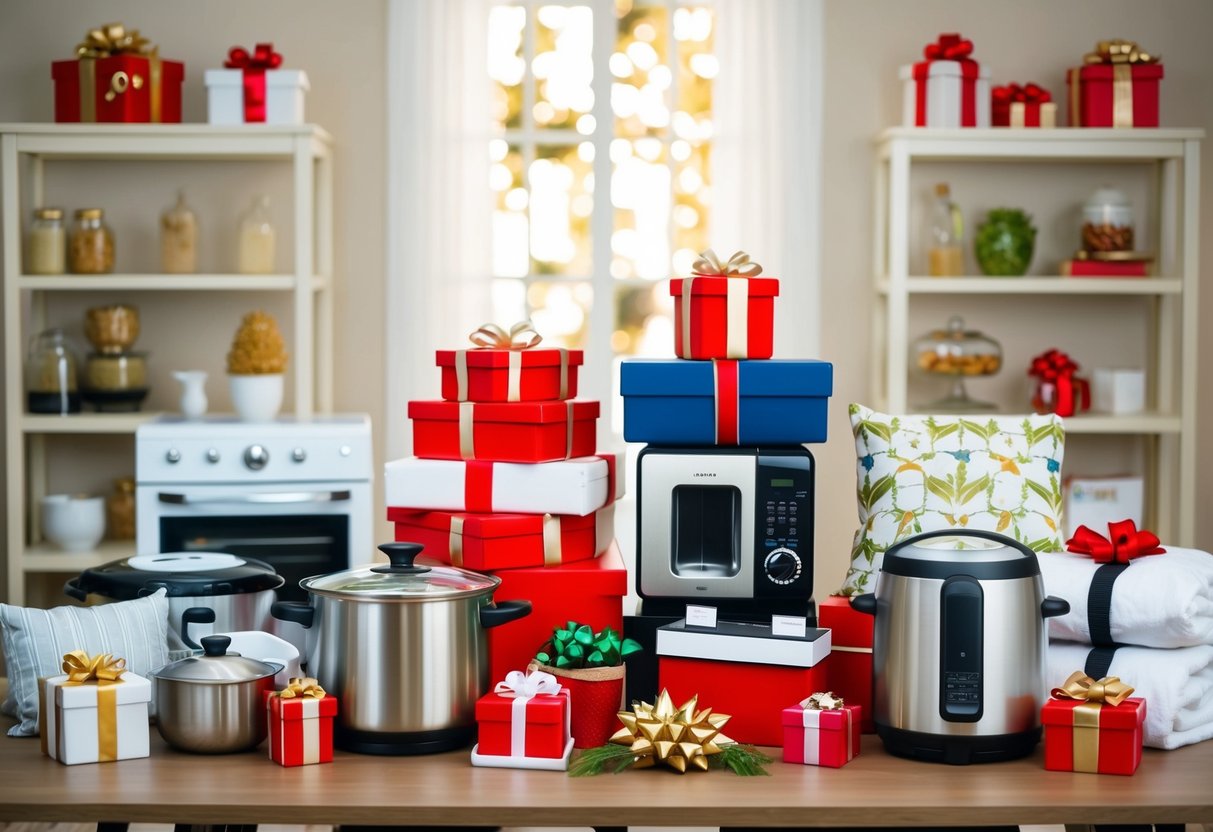 A table with various gift items, such as kitchen appliances, bedding, and home decor, displayed in an organized manner