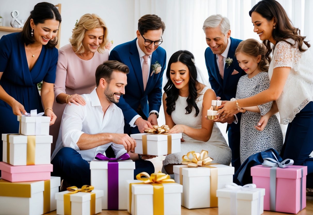 A couple surrounded by friends and family, opening gifts from a wedding registry at their second wedding celebration