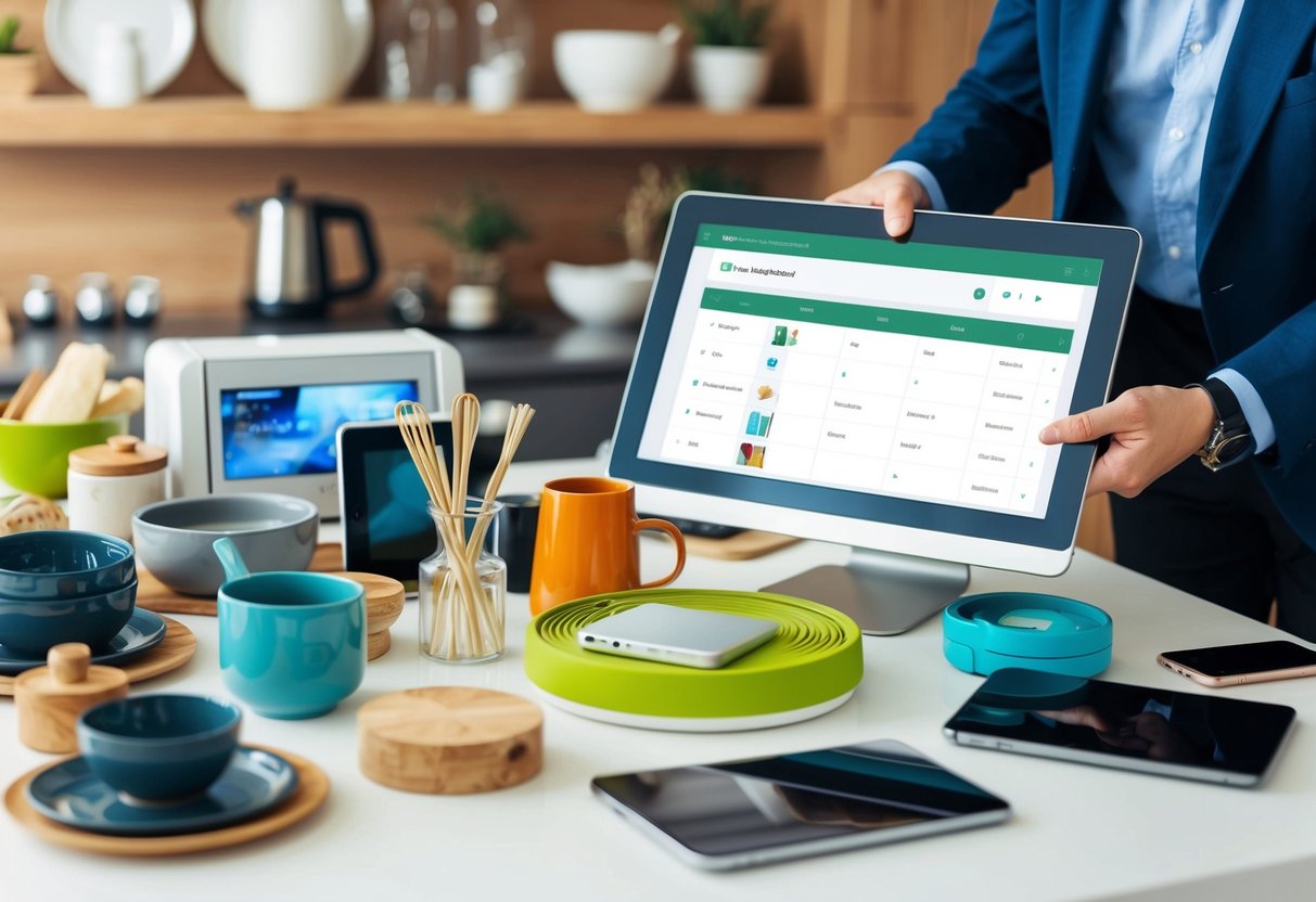A table with various items such as kitchenware, home decor, and electronics displayed, with a person selecting and adding items to a digital list