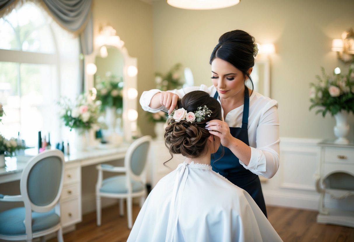 A serene salon with elegant decor and soft lighting, a hairstylist carefully working on a bridal updo with flowers and ribbons