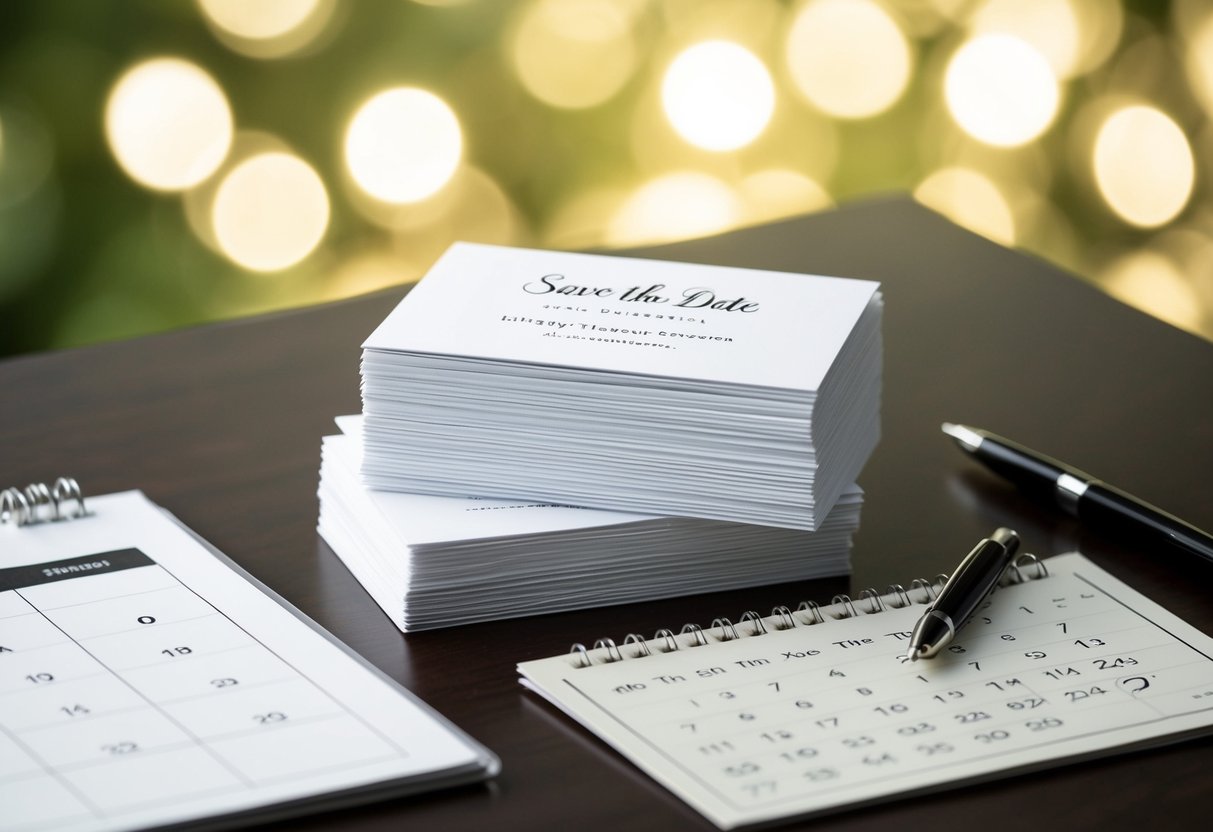 A stack of elegant save the date cards on a table with a calendar and a pen nearby